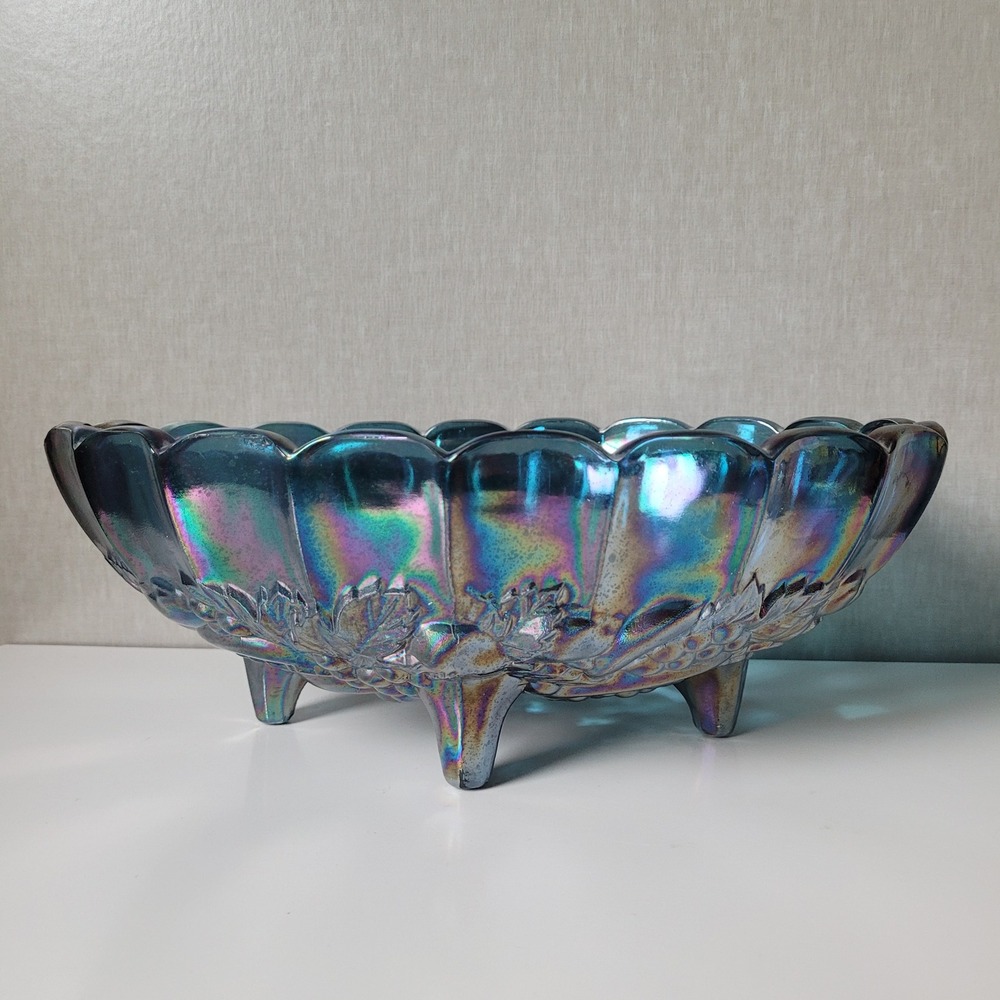 Indiana Large Glass Harvest Grape Bowl Unisex Blue Excellent Carnival Iridescent